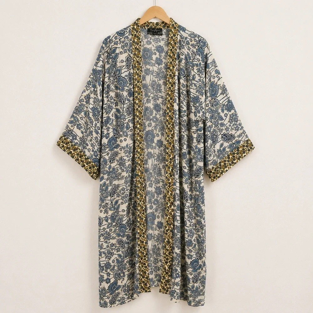 Jessica Simpson Floral Kimono Cardigan Womens 1X Blue Yellow Frozen Dew Boho